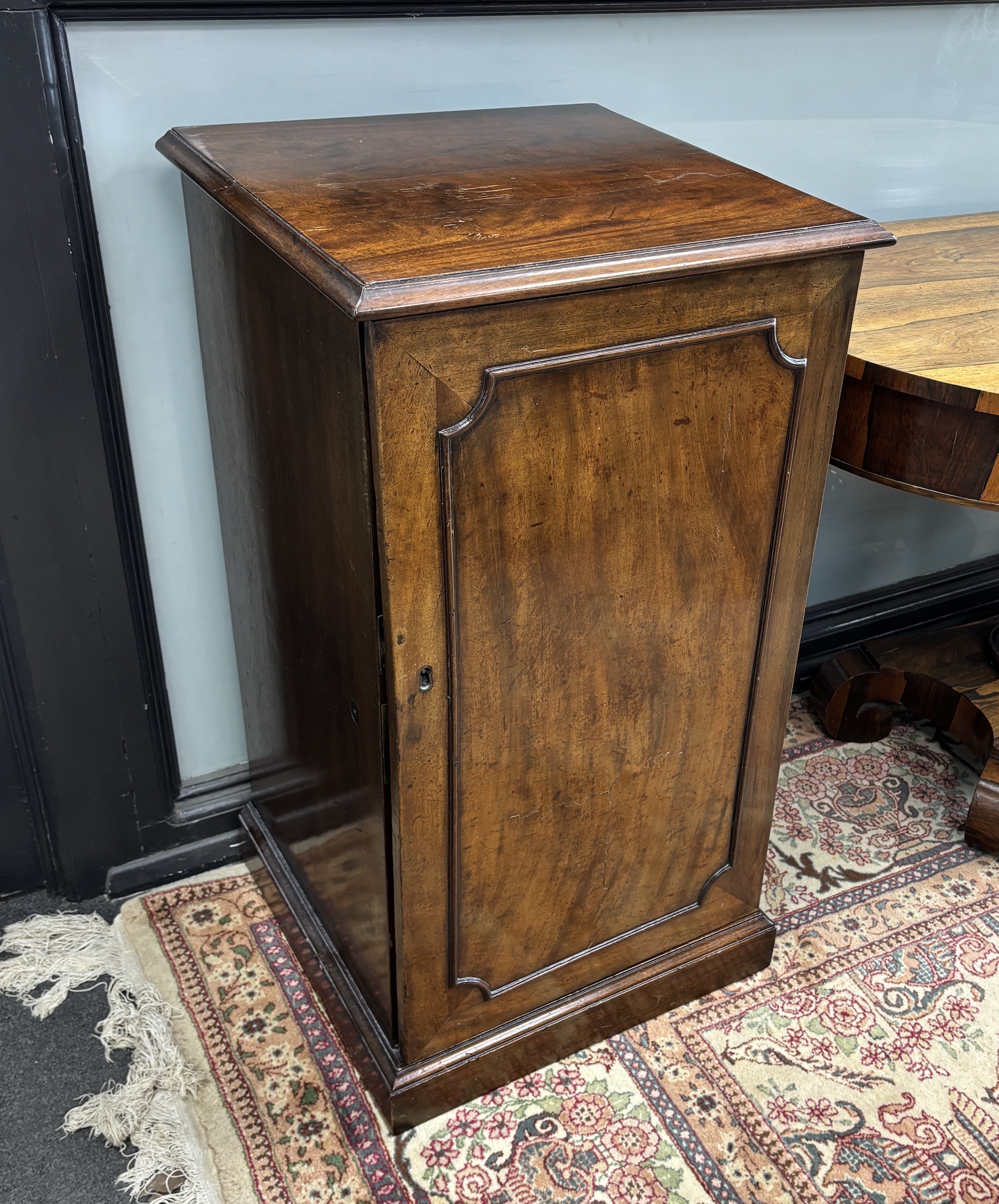 A pair of George III and later mahogany square bedside cupboards, width 46cm, height 85cm